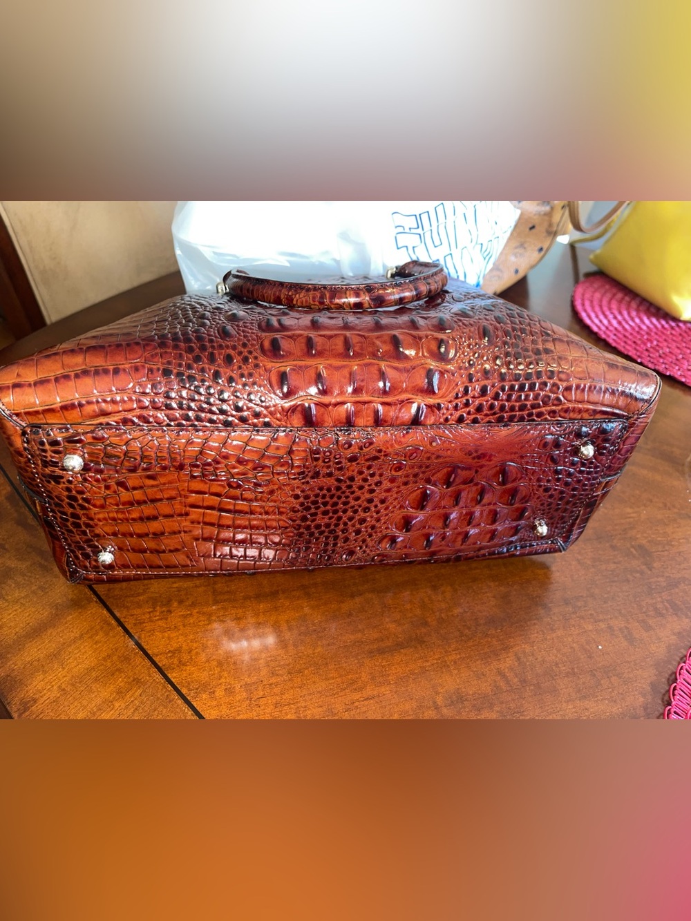 Brahmin Croc-Embossed Satchel in Deep Cognac Brown - Picture 4 of 5